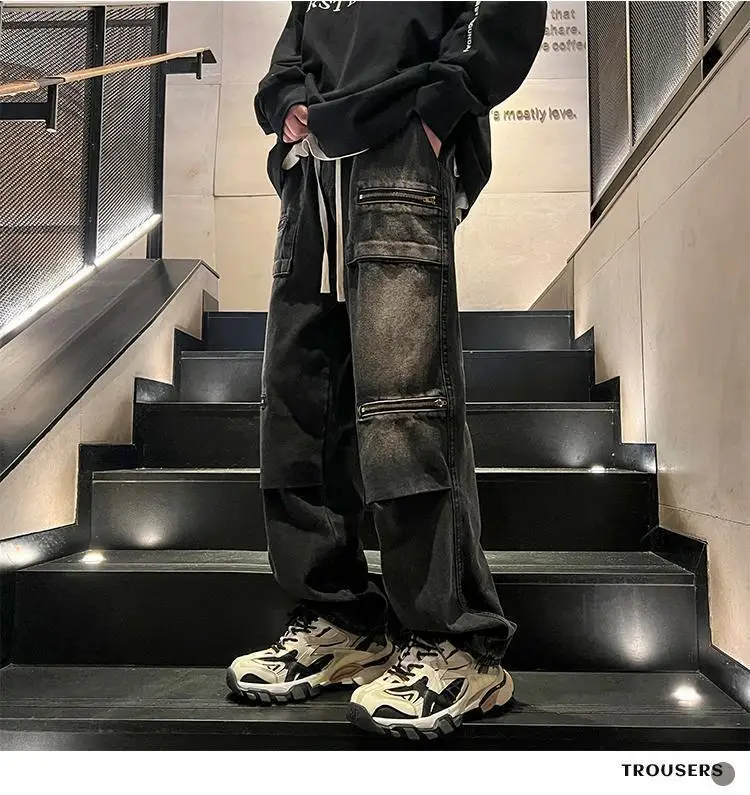 Джинсы оверсайз на молнии рабочая одежда прямые свободные мужские брюки в