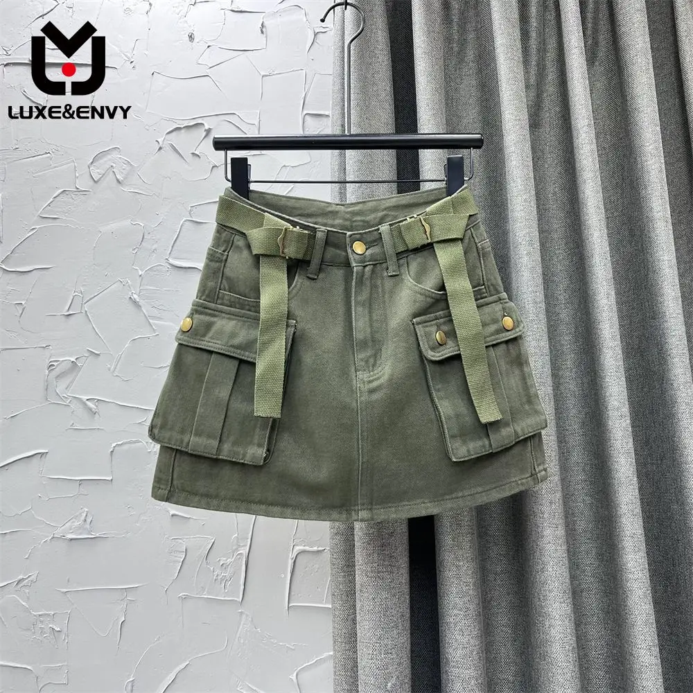 

LUXE&ENVY Green Fashionable Street Work Dress Half-length Dress Women Summer Adjustable High Waist Slim Pocket Girl