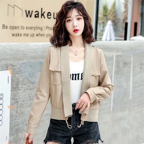LXUNYI Spring Autumn 2022 Women Leather Jacket Long Sleeve Casual PU Leather Coat Fashion Knitted Casual Patchwork Short Coat