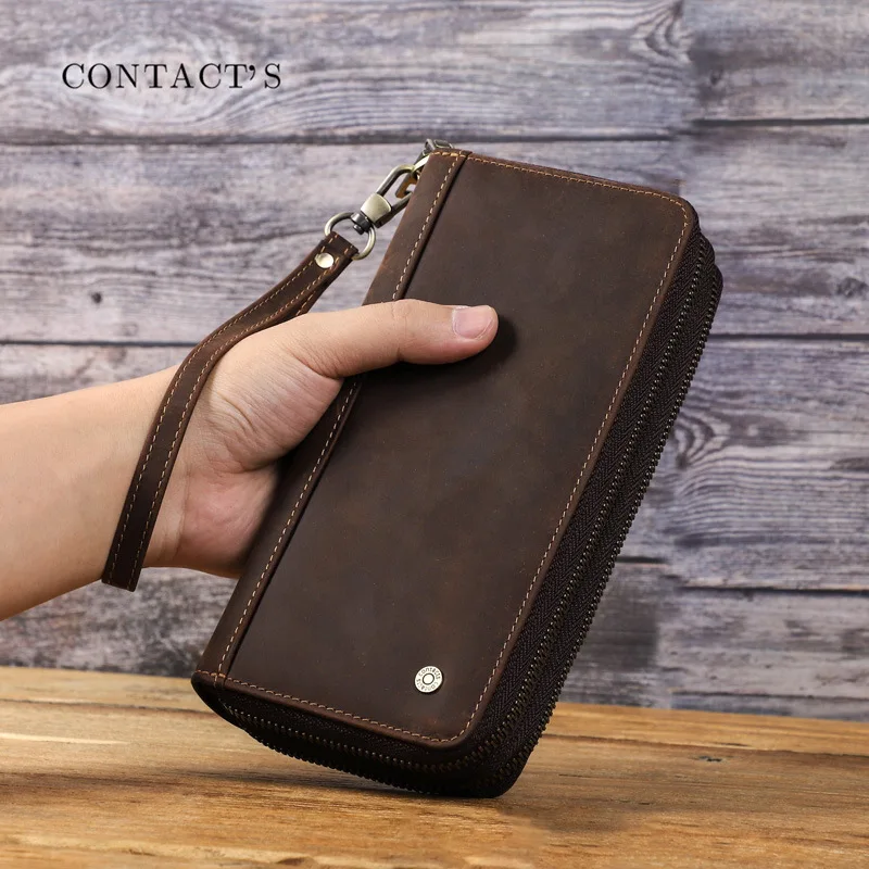 

Vintage Crazy Horse Leather Men's Long Wallet With Double Zipper and Wrist Strap Handbag Wholesale Budget Envelope Wallet Purse