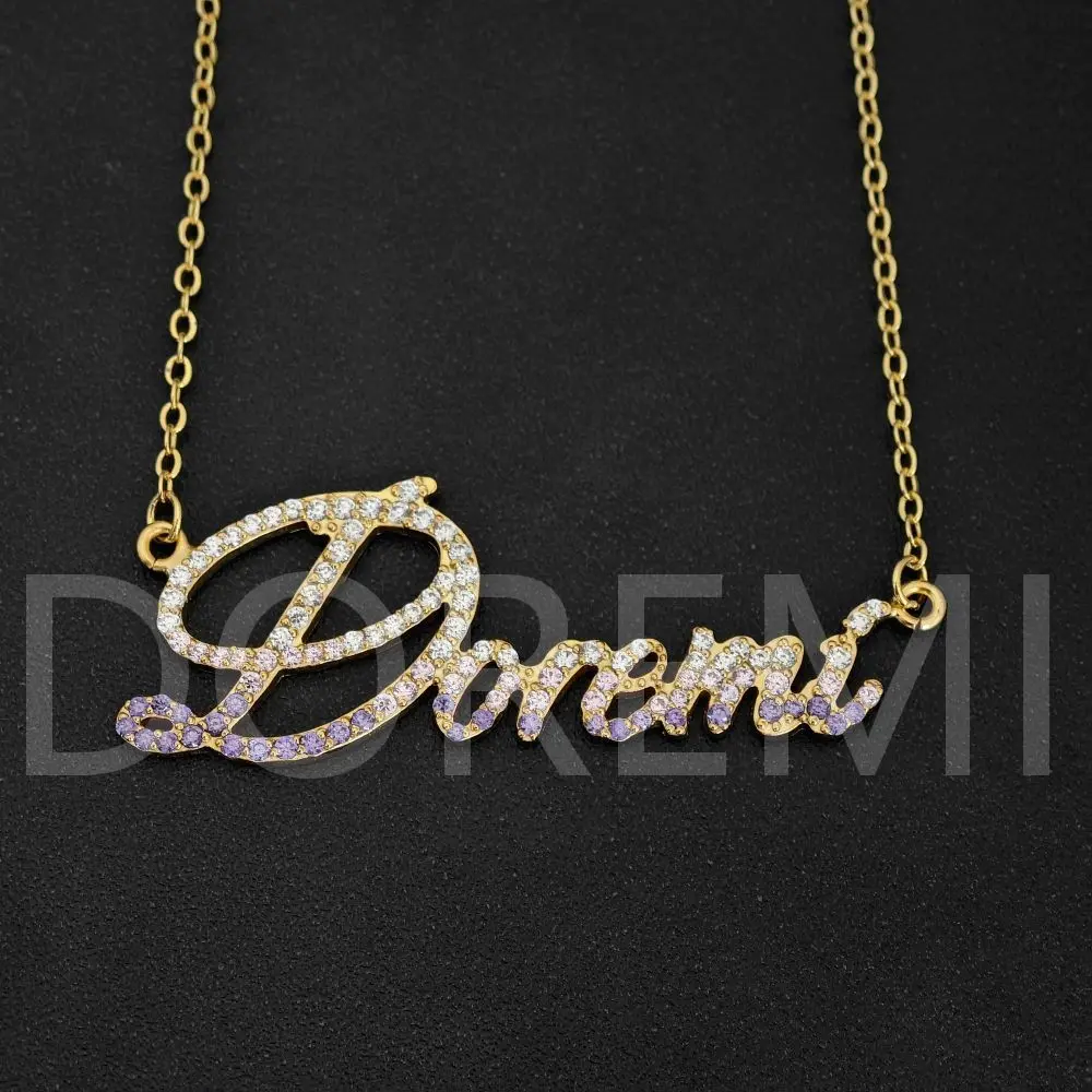 DOREMI Personalized Signature Cursive Classic Customized Name Necklace Women Graduated Coloful Zircon Signature Name Necklace