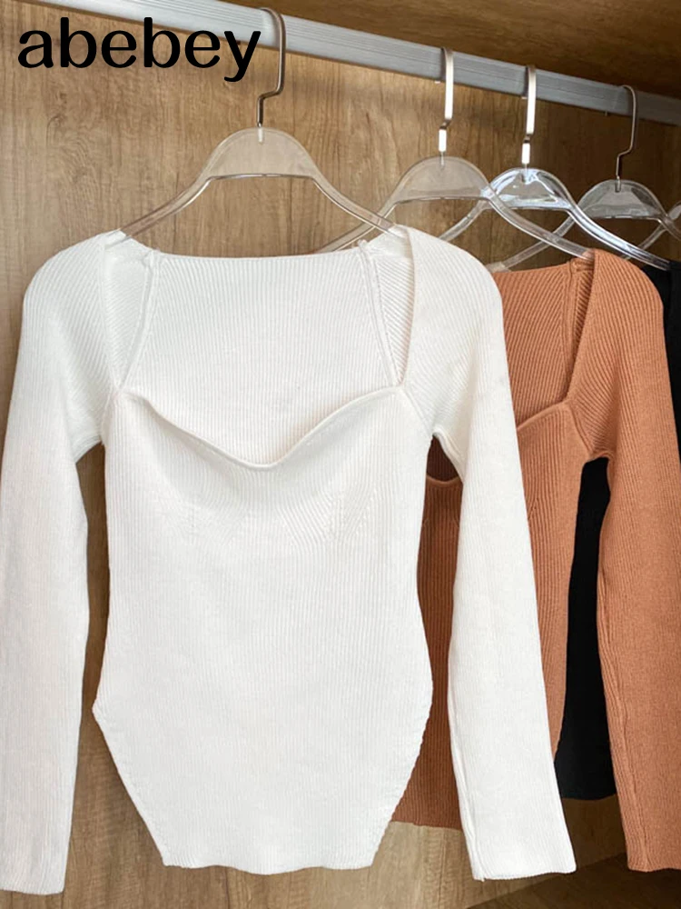 Свитер Женский вязаный с квадратным вырезом и длинным рукавом черный белый -