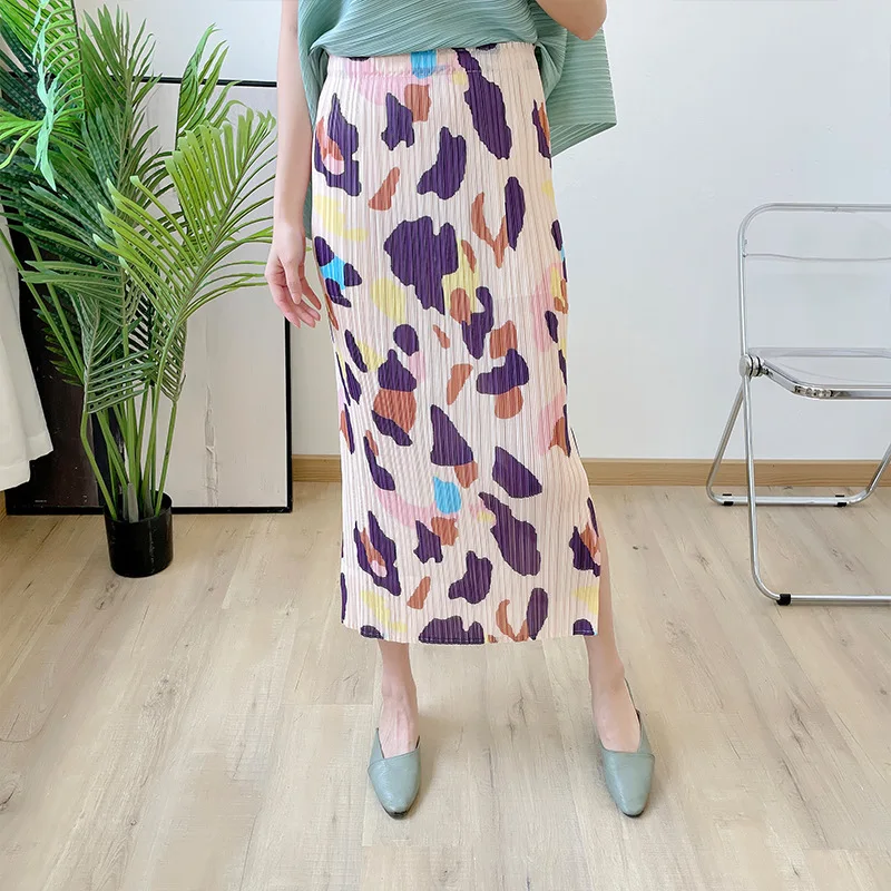 Japanese designer pleated middle-aged printed skirt suit women's summer one-step skirt with hips
