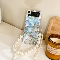 z flip3 crossbody pearl necklace with bracelet phone cover for samsung galaxy z flip 3 5g retro oil painting flowers soft case