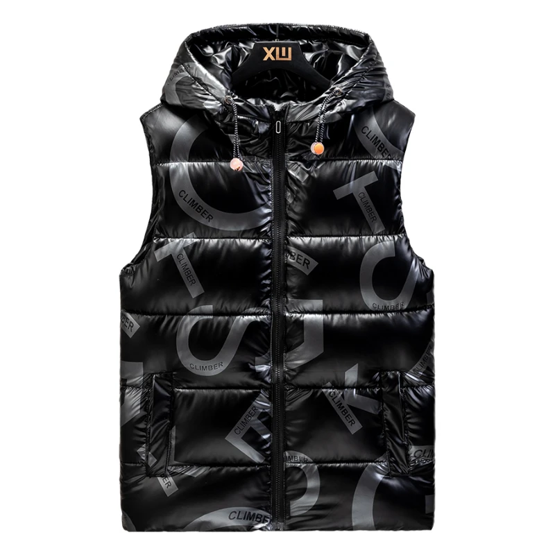 

2022 New Winter Hooded Vest Men Casual Thicken Waterproof Warm Big Pockets Sleeveless Parka Bright Waistcoat Size 4XL