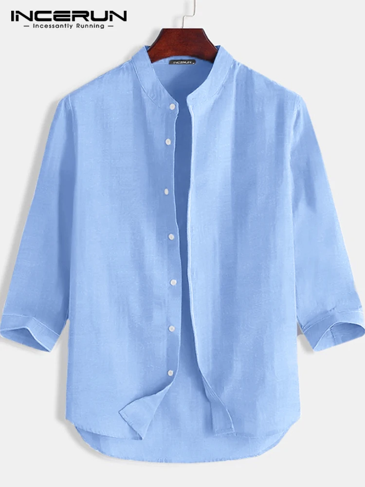 Men Casual Shirt Cotton Stand Collar 3/4 Sleeve 2022 Streetwear Solid Color Men Clothing Harajuku Button Camisas S-5XL INCERUN