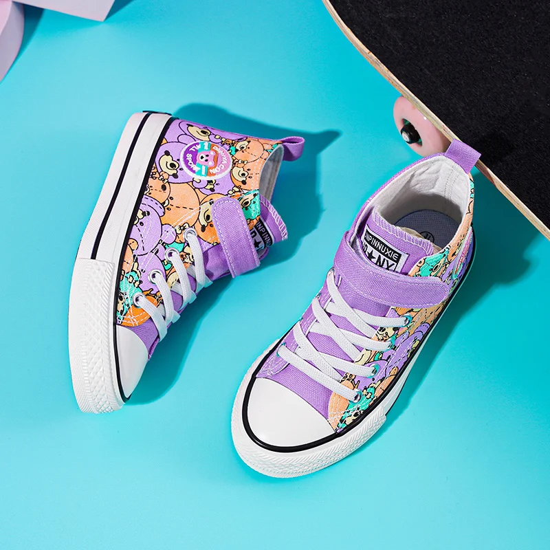 2022 Spring Fashion Red Cartoon Print Canvas Shoes for Girls High top Kids Sneakers Skateboard Flat Children Shoes basket fille