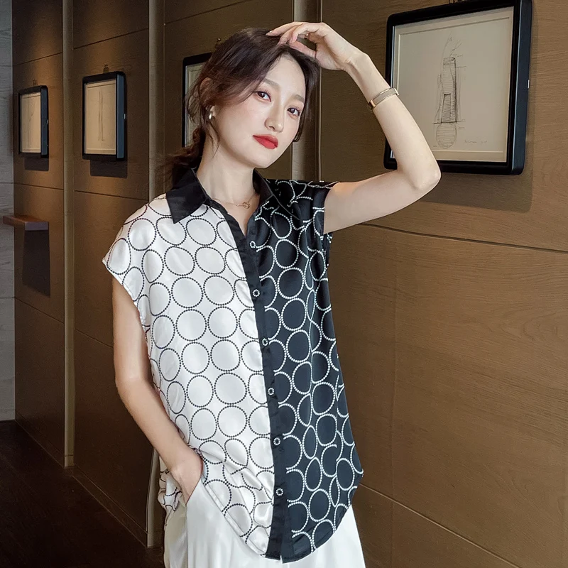 

Chiffon Women's Blouse Printing Polo Shirt New Casual Short Sleeve Loose Top Fashion Girls Summer Korean Style Female Clothing