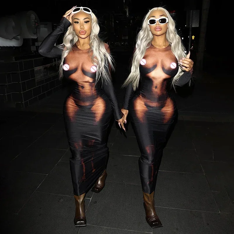 BWQ Y2K женское платье-макси с 3D-принтом длинным рукавом