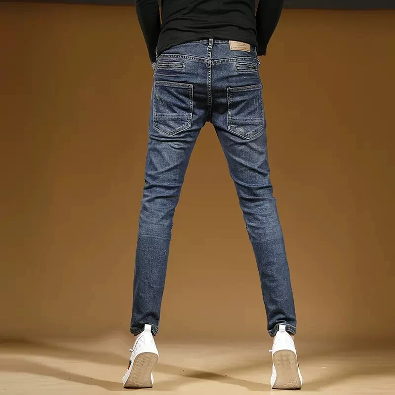 Autumn Blue Patchwork Jeans Men Streetwear Biker Slim Fit Pencil Pants Fashion Casual Zip Pockets Stretch Denim Trousers