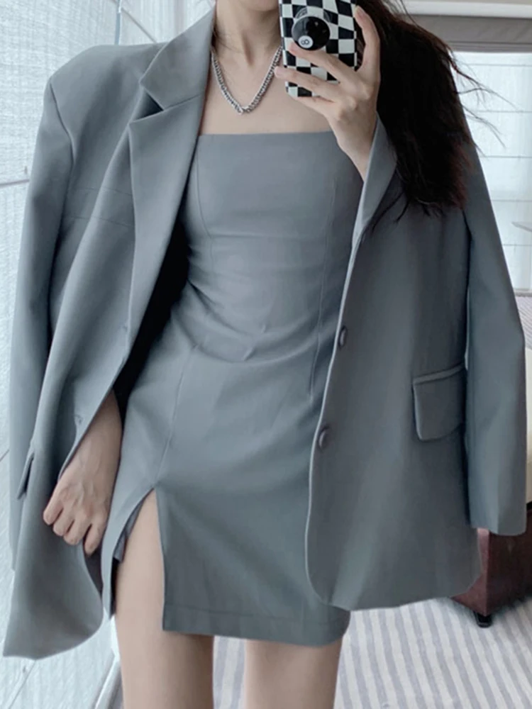 Sungtin 2022 Two Piece Women Sets Blazer Dress Suits OL Split Straps Bodycon Dresses Female Korean Oversize Elegant Jacket Coats | Женская