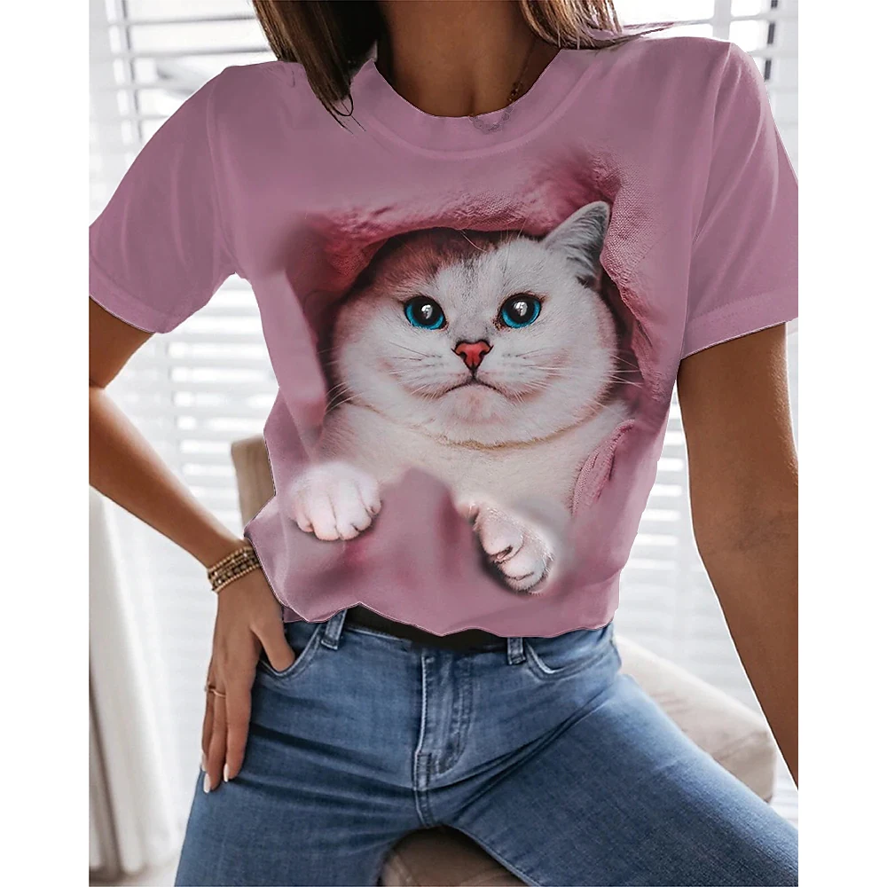 Fashion Kitten Print Women's T-Shirt Street Trend Harajuku Short Sleeve Tee Funny Animal Pattern Girl Top Casual O-neck Pullover