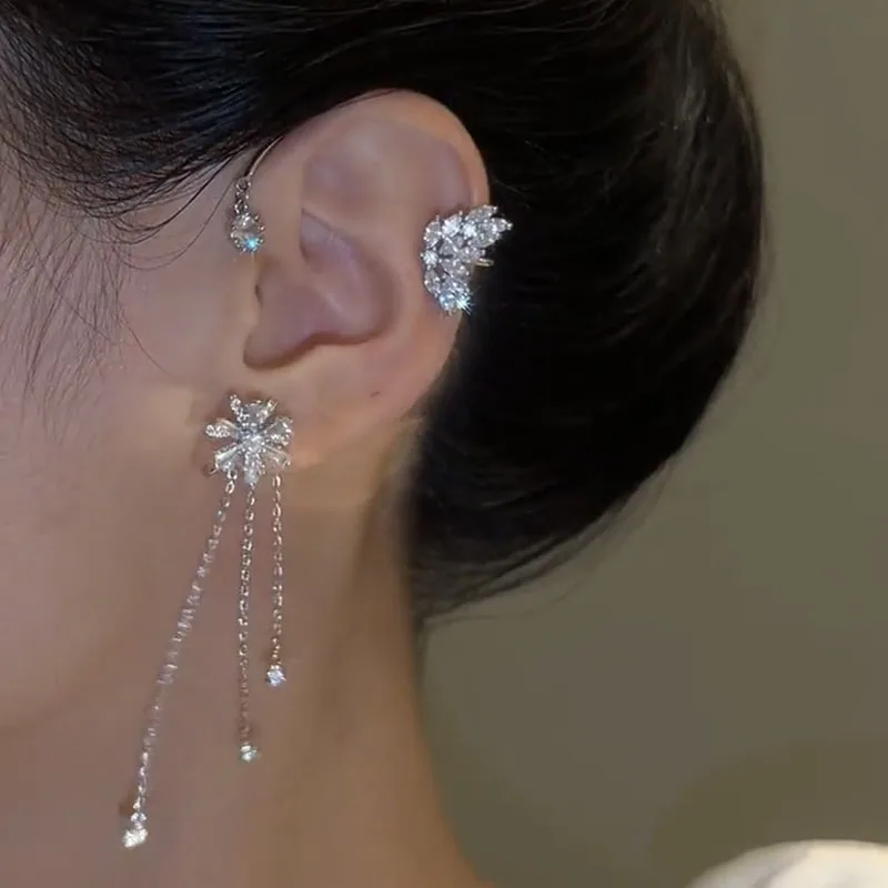 

Long Tassel Ear Clips for Women Non-Perforated Zircon Flower Shape Turning Bone Clip Party Gift Fashion Jewelry Lady Accessories