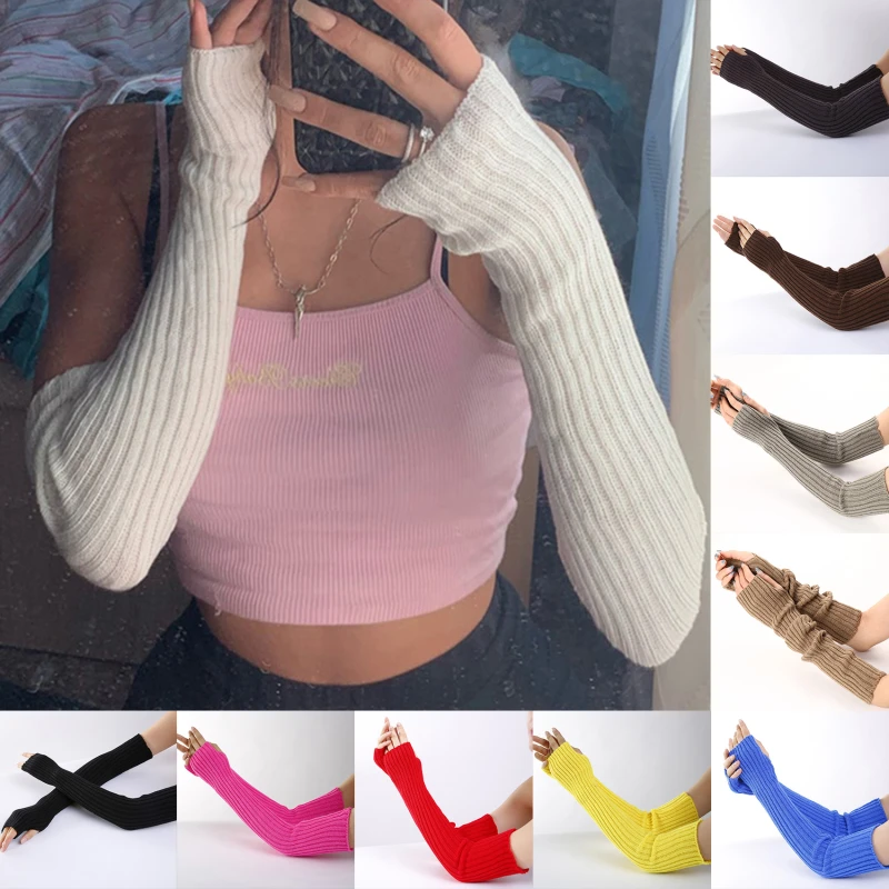 

1 Pair Fashion Gloves Women Warm Long Gothic Knitting Glove Stretch Fingerlings Mittens Solid Classic Black Guard Arm 2023 New