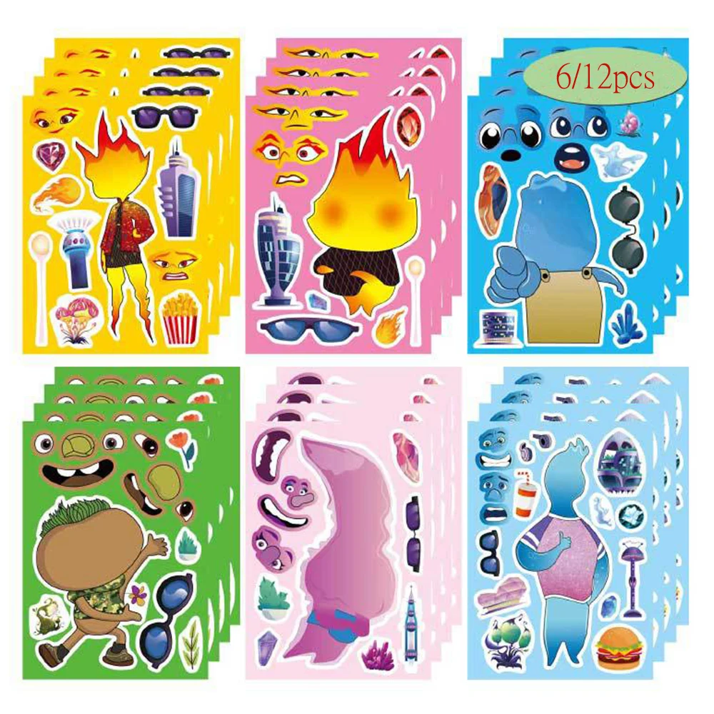 

6/12sheets Disney Cartoon Elemental Puzzle Stickers DIY Kawaii Ember Sticker Diary Luggage Fridge Phone Funny Decals Kids Toys