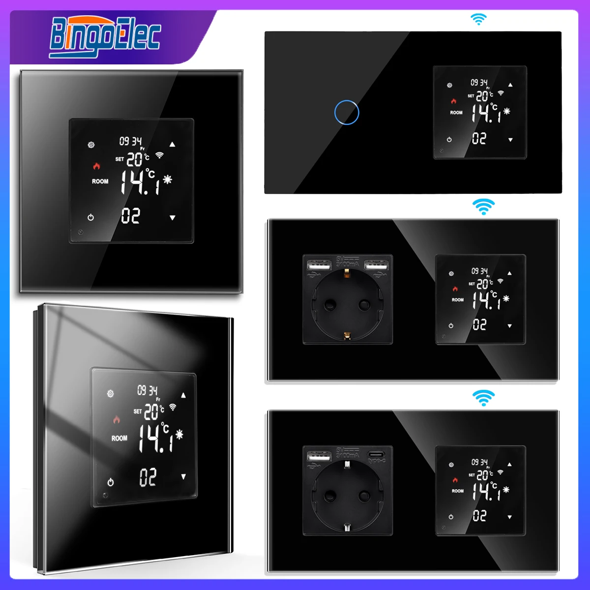Умный термостат Bingoelec Tuya с Wi-Fi электрический подогрев пола со встроенным черным