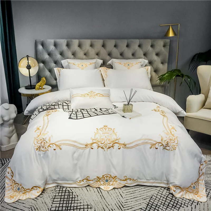 

White Glossy Soft Satin Silk Cotton Gold Embroidery Palace Bedding Double Duvet Cover Set Bed Linen Fitted Sheet Pillowcases