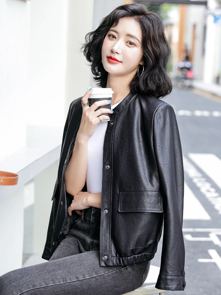 KoHuiJoo Vintage Women Leather Jacket Plus Size Black Yellow Coffee Spring Autumn Korean 2022 O-Neck Slim Short Coat Fashion enlarge