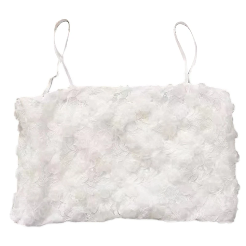 

Women Spaghetti Strap Crop Tube Top Vintage 3D Flower Petal Lace Padded Camisole