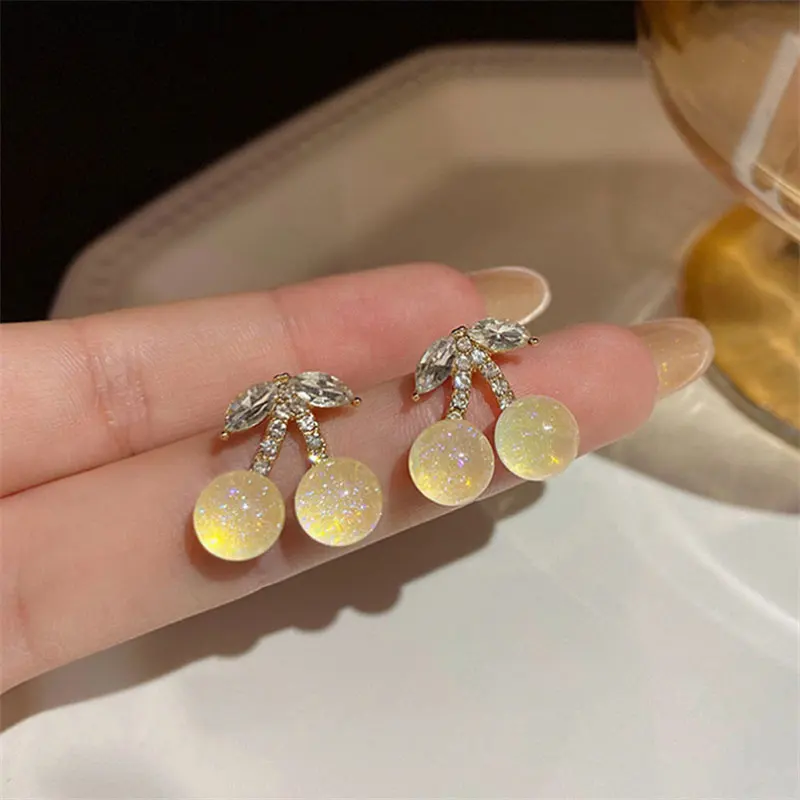 

New Sweet Cute Transparent Opal Cherry Stud Earrings for Women Luxury Leaf Zircon Earring Girls Trend Party Wear Jewelry Gift