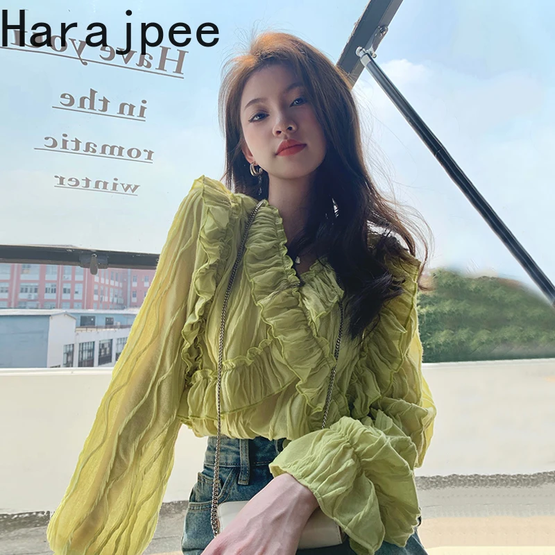 

Harajpee Ruffles Chiffon Shirt V Neck French Style Elegant Spring New Solid Blouse Flare Sleeve Korean Chic Pullover Women Tops