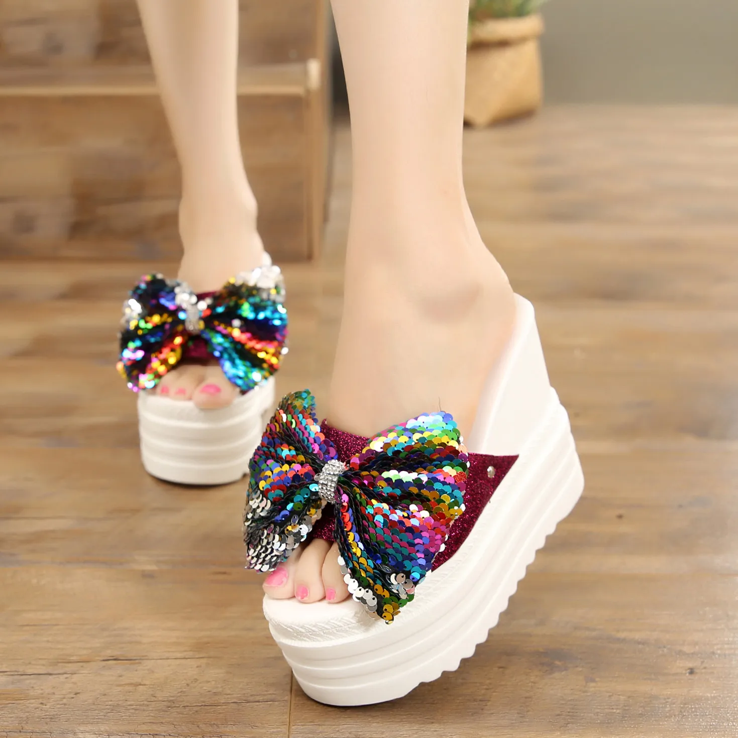 

On A Wedge Slippers Women Summer Luxury Slides Platform Female Shoes Butterfly-Knot Heeled Mules Designer 2022 High Fabric Scand