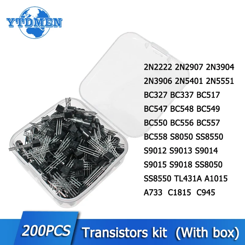 

200PCS TO-92 Transistor Kit 2N2222 2N2907 2N3904 2N3906 2N5401 BC548 S8050 SS8550 TL431A A1015 C1815 C945 NPN PNP Transistors