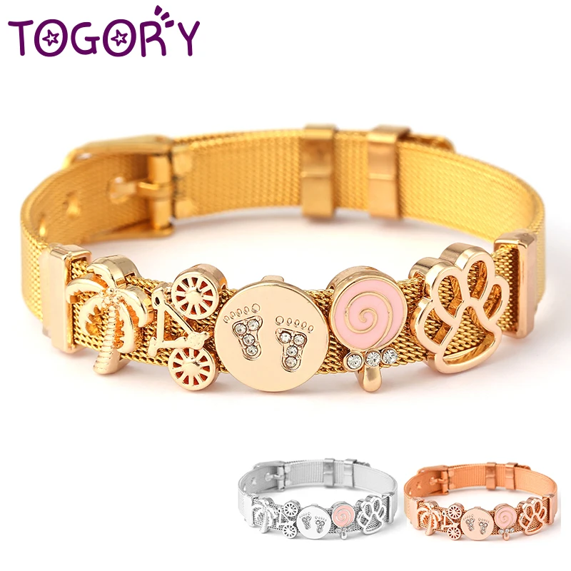 Gold Color Slide Charm Bracelets Set With 10mm Lovely Dog Paw Bicycle Keeper Stainless Steel Mesh Bracelet For Women Men Jewelry