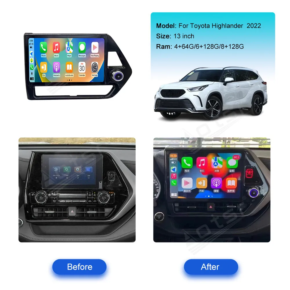 13-дюймовый 8-ядерный мультимедийный плеер Carplay для Toyota Highlander Crown Kluger 2022 Android 11