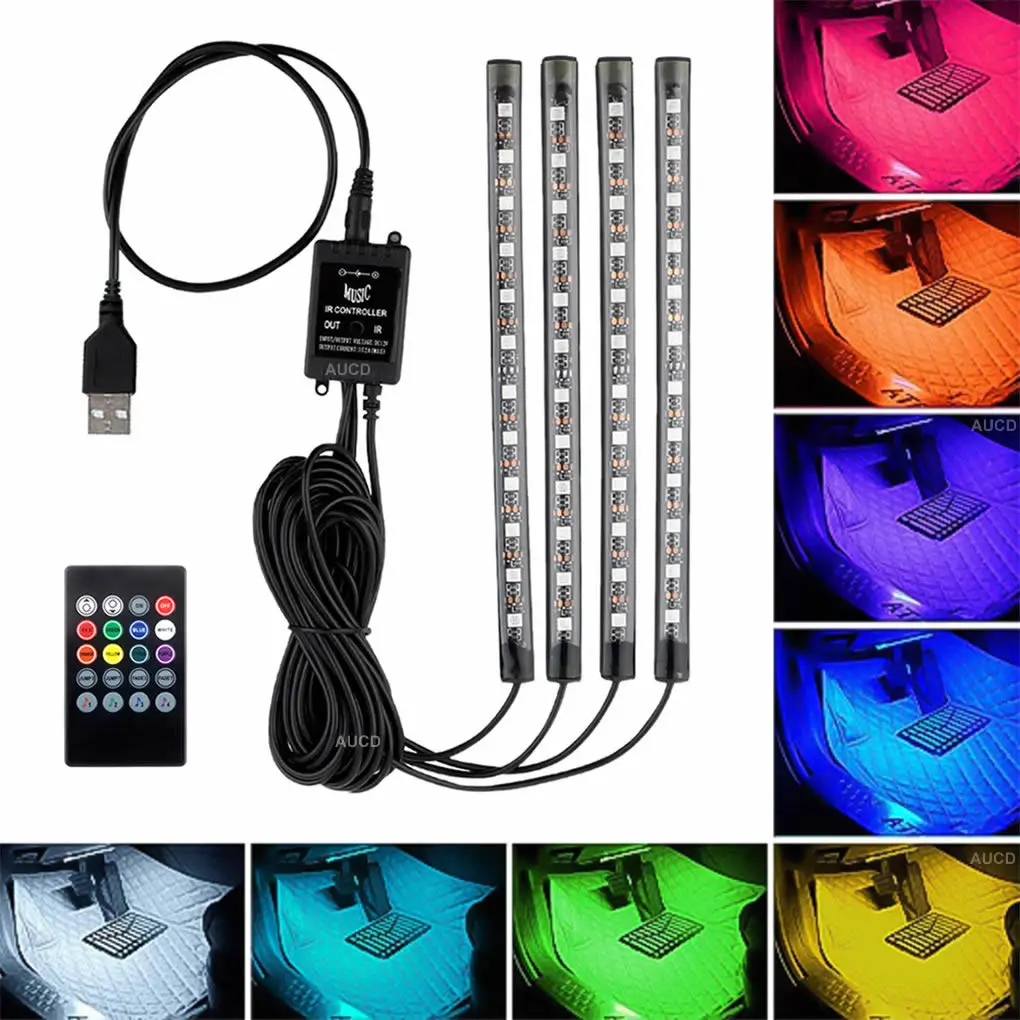 12V 10W RGBW LED Car Atmosphere Lamp USB Strip Lights Music Controller Party Home Indoor Auto Decorative Lighting Ambient Lamps