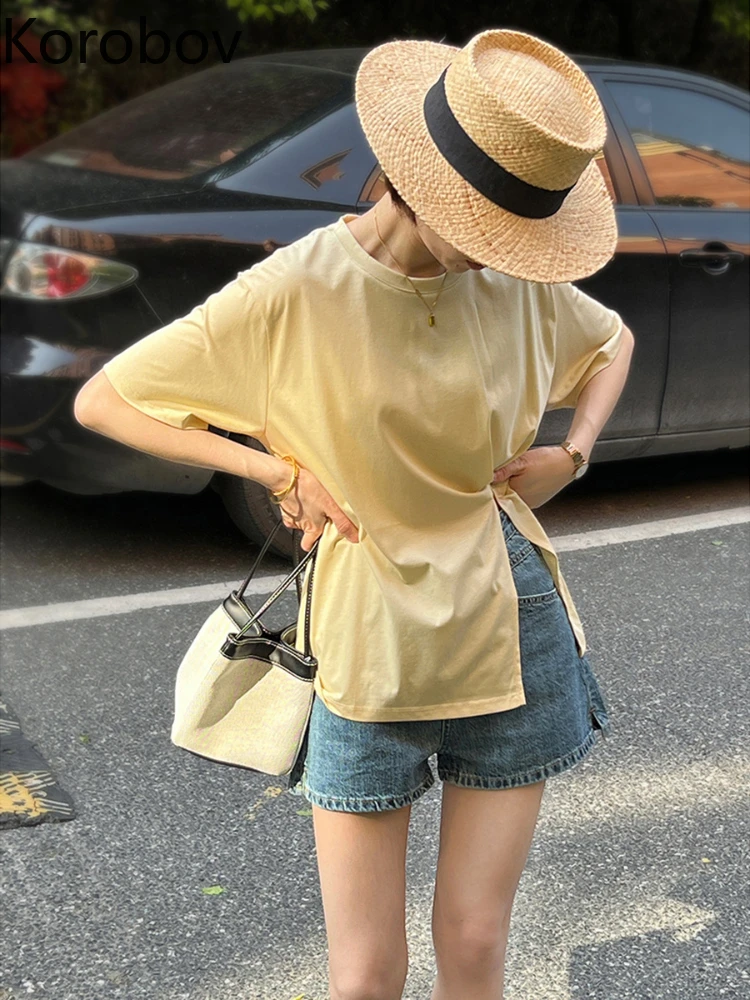 

Модная футболка с коротким рукавом, летние корейские шикарные винтажные Раздвоенные рубашки с круглым вырезом, офисные женские блузки, Жен...