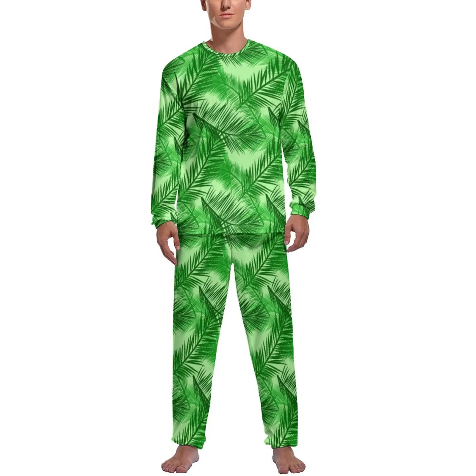 Palm Leaf Print Pajamas Long Sleeves Tropical Leaves Two Piece Night Pajamas Set Autumn Men Design Cute Home Suit