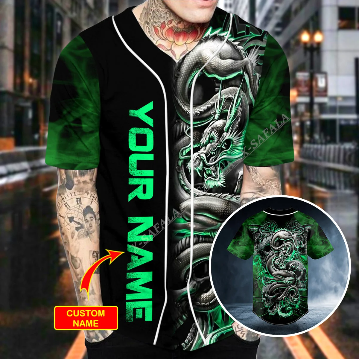 

Green Dragon Skull Personalized 3D Print Baseball Jersey Shirt T-Shirt Top Tee Men Streetwear Short Sleeve V-Neck Hip Hop