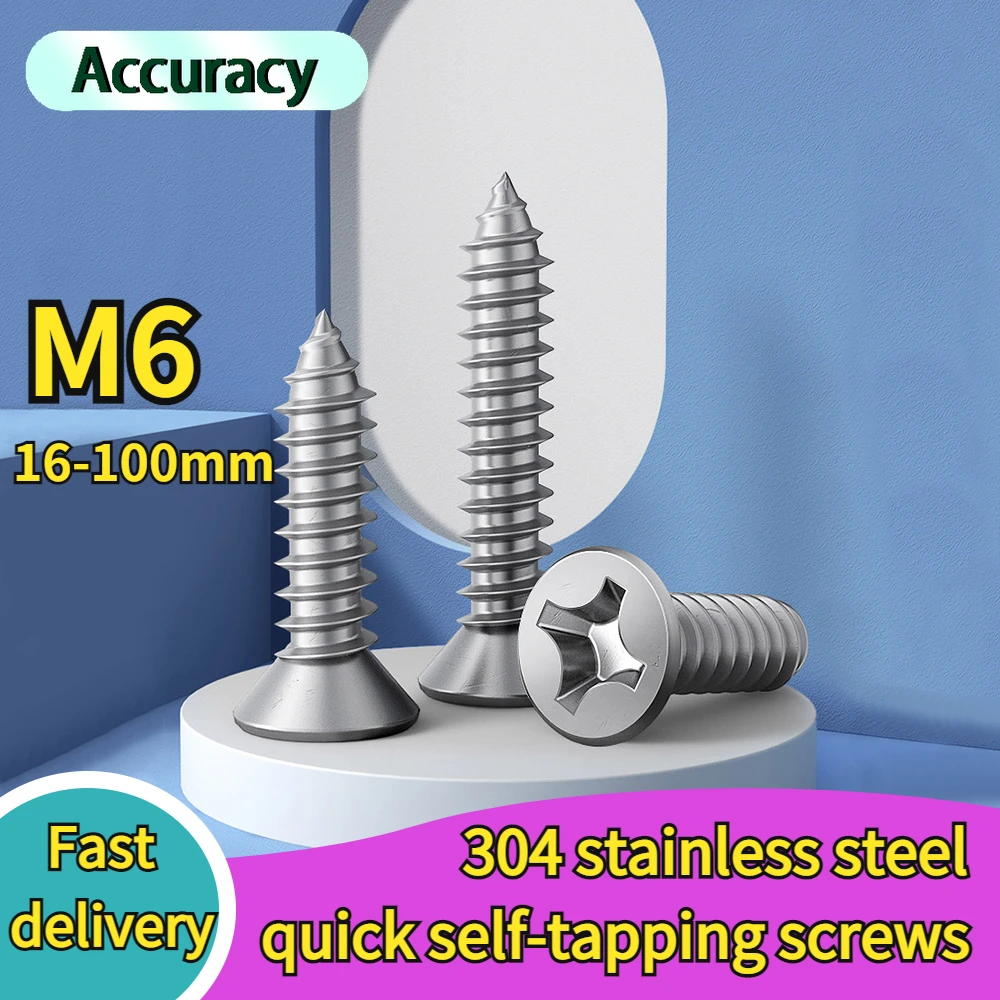 

M6 Phillips Screws Length 16-100mm 304 Stainless Steel Recessed Countersunk Flat Head Self-tapping Screws Wood Screw