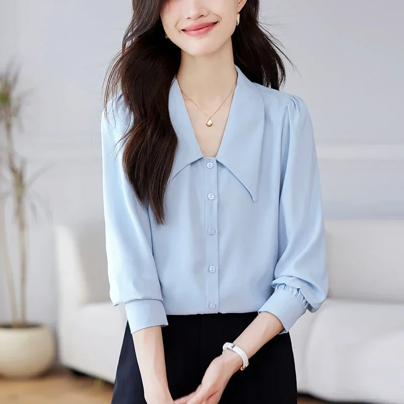 Модная женская рубашка с отложным воротником белая длинным рукавом блузка