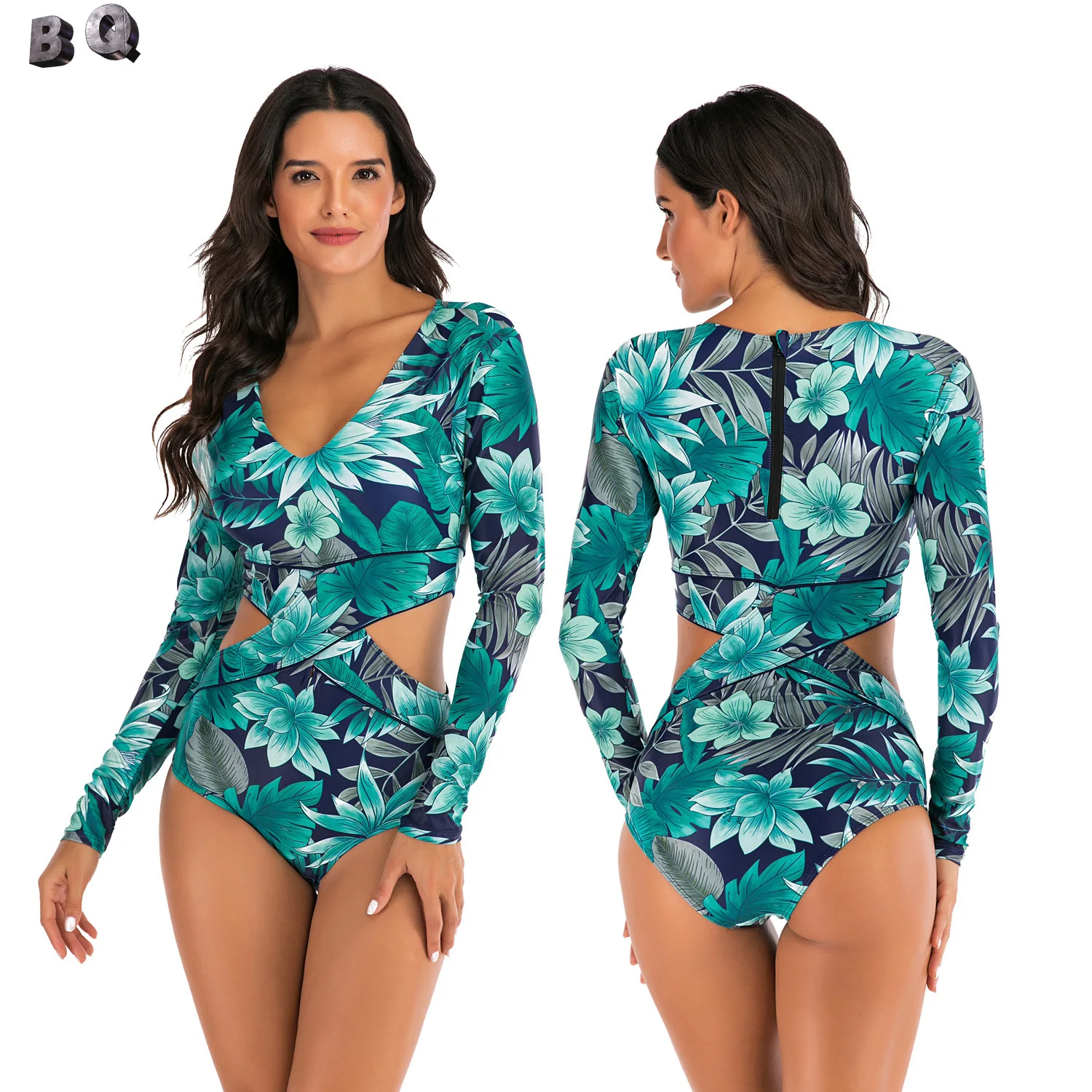 

(bq)One-Piece Long Sleeves Surfing Suit Sunscreen Women's Swimsuit Hot Spring Diving swimsuit women Quick-drying