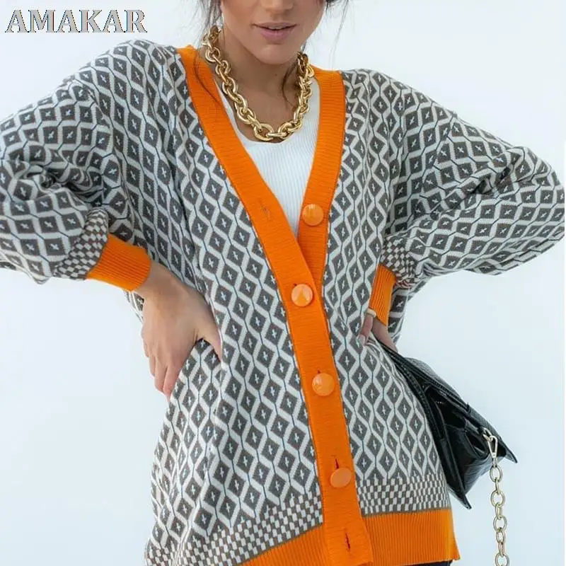 

V Neck Women Knitted Cardigans Sweater Pink Houndstooth Knit Buttons Cardigan Long Sleeve Fashion Autumn Oversized Jumper