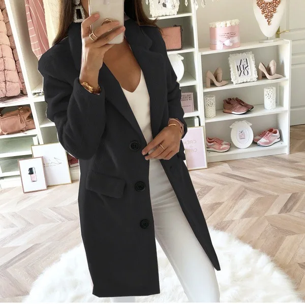 

Women's Solid Color Suit Collar Mid-length Double Breasted Woolen Coat