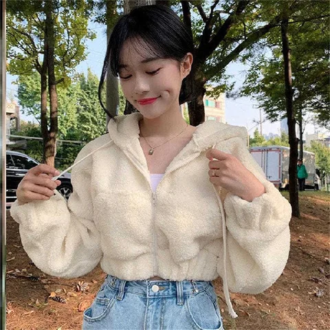 Fashion Lamb Wool Zip Up Solid Short Hoodies Coat Women Sweet Loose Long Sleeve Coat Sweatshirts Long Sleeve Tops