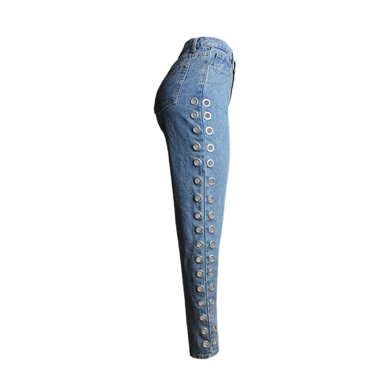 

Fashion Jeans For Women Side Metal Ring Hole Decoration Denim Pencil Pants Multi-size Casual Slim Femme Washed Blue Jeans Spring