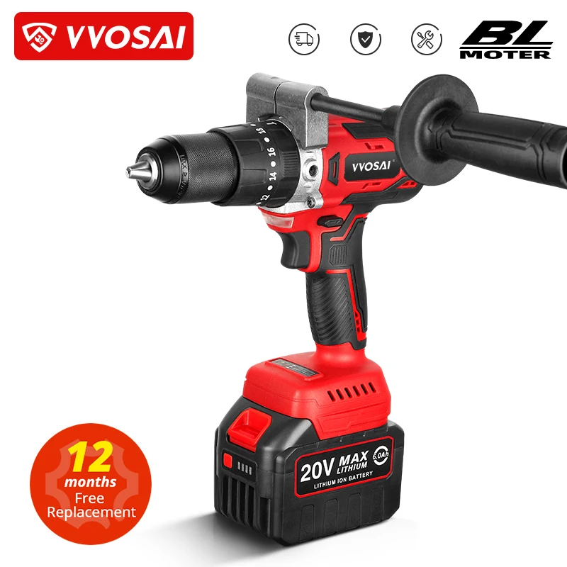 VVOSAI MT-Series 125N.m 20V Brushless Electric Drill 13mm Cordless Drill Hammer Li-ion Battery Electric Power Screwdriver