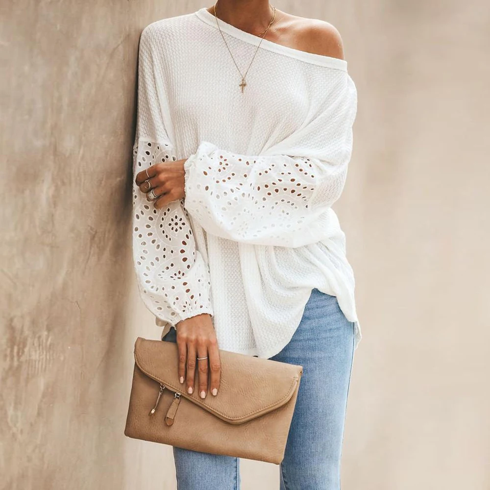 Sexy One Off Shoulder Knitted Pullover Sweaters Casual White Long Flare Sleeve Embroidery Hollow Out Knitwear Jumper Tops