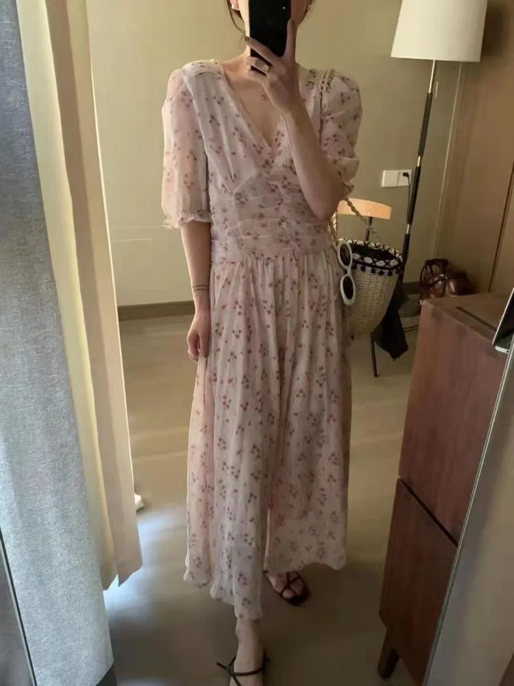 

2022 Summer Korea Style Sweet Gentle V-Neck Button Small Floral Printed Half Sleeves High Waist X-Long Pink Chiffon Dress Women