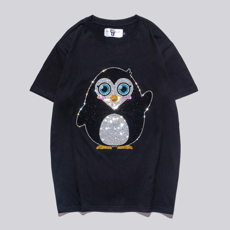 

MOKA BASS Cartoon Penguin T-Shirt Street Style Hot-Fix Rhinestone Short Sleeve Tops Loose And Comfortable Clothes For Women