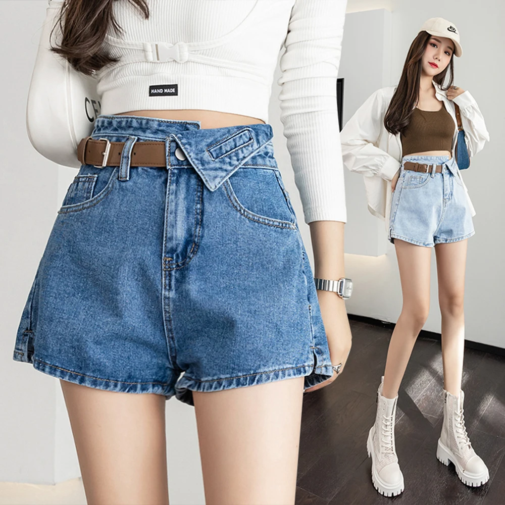 

New Summer Women High Waist Button Wigh Leg Jeans Shorts Casual Female Loose Fit Blue Denim Shorts