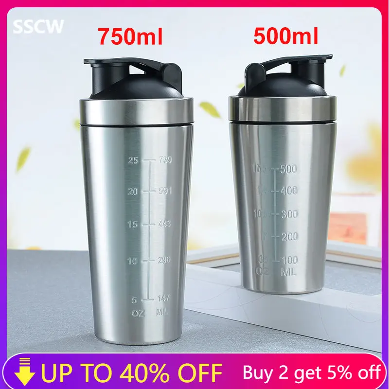 500/750ml Stainless Steel Protein Powder Shaker Bottle Leak Proof Water Bottle for Gym Fitness Sport Whey Shakes Cup with Scale