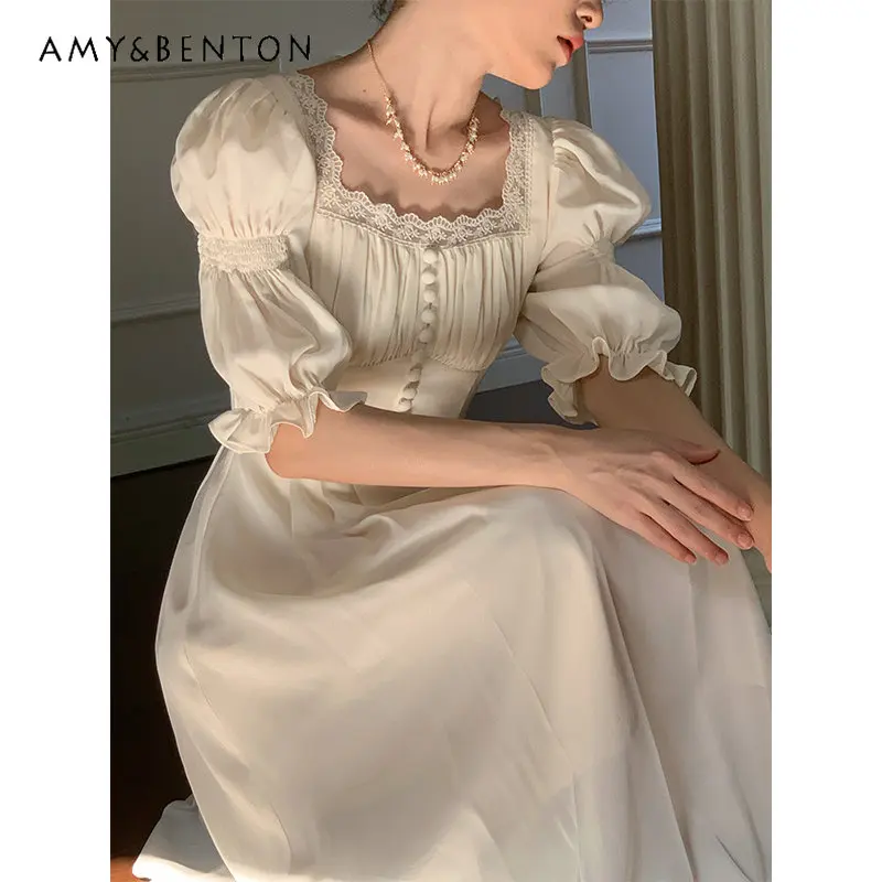 Summer French Style Retro Elegant Dress 2023 Women's Mid-length Dress 2023 New High-End Exquisite A- Line White Dress for Lady