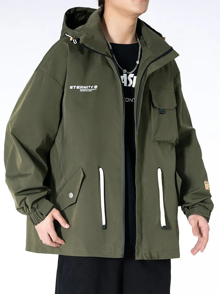 

New Spring Men's Jacket Plus Size Multi-Pockets Workwear Hooded Windbreaker Man Loose Casual Zipper Coats 6XL 7XL 8XL 9XL