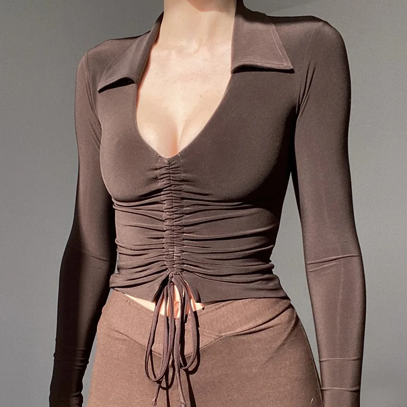 

Sexy Women Low Cut Cropped Tops Autumn Long Sleeve Lapel Neck Drawstring Tees Solid Color Casual Party Fall Spring Tops
