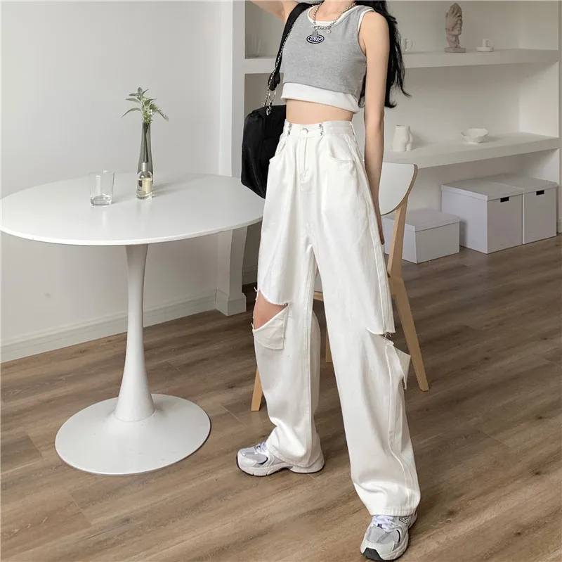 N1087  New White Jeans High Waist Slim Wrinkled Mopping Pants Wide Leg Straight Pants Jeans